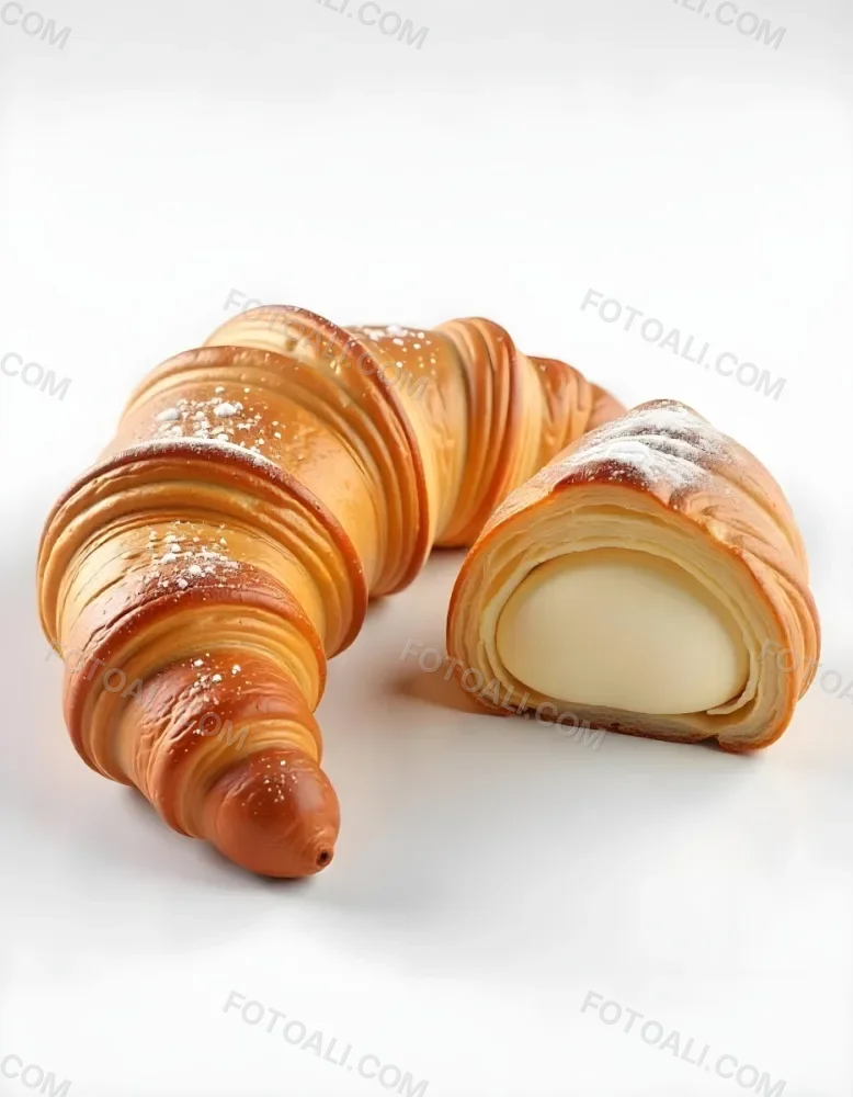 A Croissant And A Half Croissant Filled With Cream Both Covered With Sugar On A White Background 25 1f4a