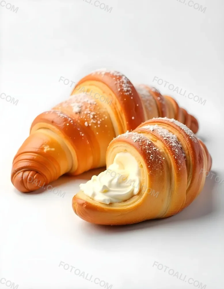 A Croissant And A Half Croissant Filled With Cream Both Covered With Sugar On A White Background 5 42e4