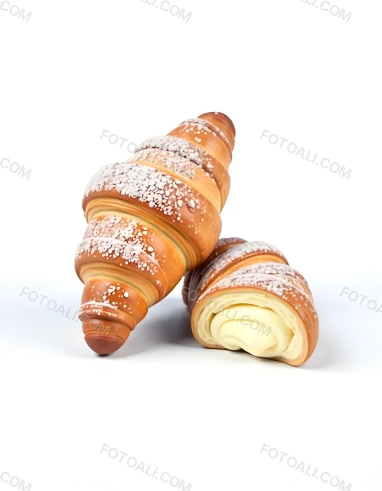 A Croissant And A Half Croissant Filled With Cream Both Covered With Sugar On A White Background 6 C7be