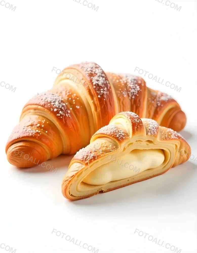 A Croissant And A Half Croissant Filled With Cream Both Covered With Sugar On A White Background 7 Eb16