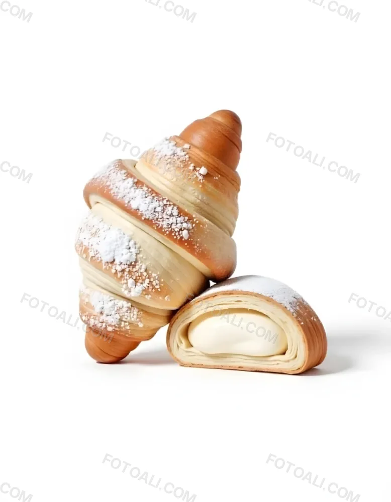 A Croissant And A Half Croissant Filled With Cream Both Covered With Sugar On A White Background 8 B116