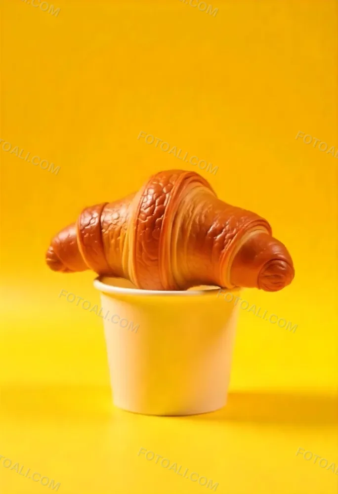 A Croissant On Top Of A Paper Cup Studio Shot Yellow Background Food Photography Product Photography Bright Lighting Minimalist Composition 11 B1ca