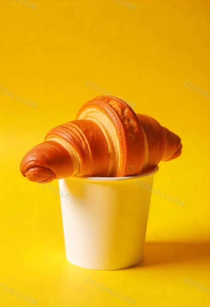 A Croissant On Top Of A Paper Cup Studio Shot Yellow Background Food Photography Product Photography Bright Lighting Minimalist Composition 13 3d18