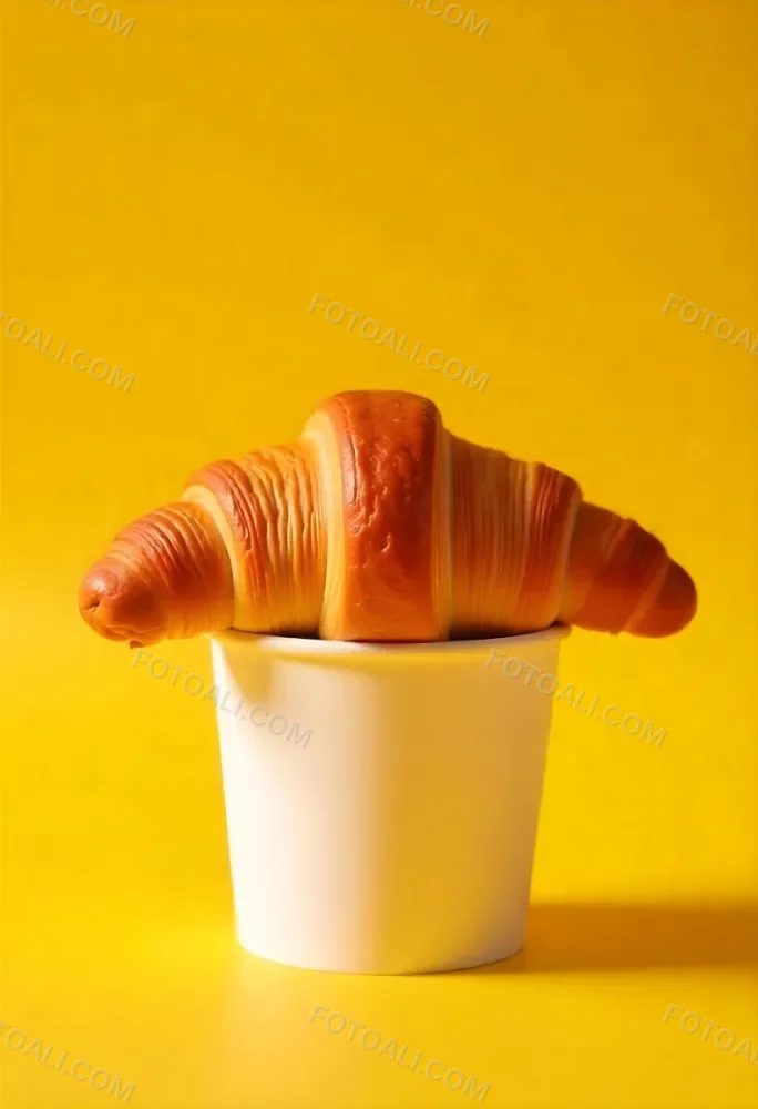 A Croissant On Top Of A Paper Cup Studio Shot Yellow Background Food Photography Product Photography Bright Lighting Minimalist Composition 19 36eb