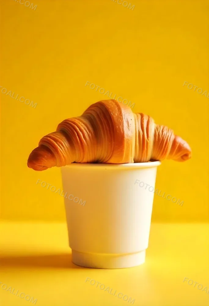A Croissant On Top Of A Paper Cup Studio Shot Yellow Background Food Photography Product Photography Bright Lighting Minimalist Composition 28 E23a
