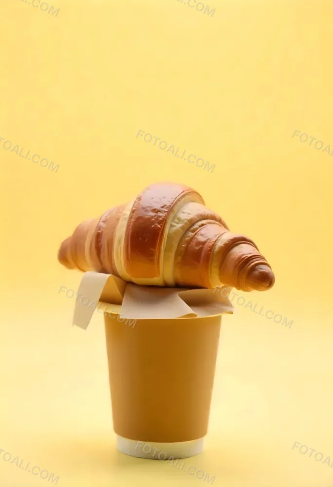 A Croissant On Top Of A Paper Cup Studio Shot Yellow Background Food Photography Product Photography Bright Lighting Minimalist Composition 31 1518