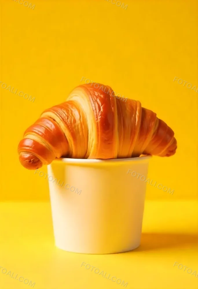 A Croissant On Top Of A Paper Cup Studio Shot Yellow Background Food Photography Product Photography Bright Lighting Minimalist Composition 32 7d4e
