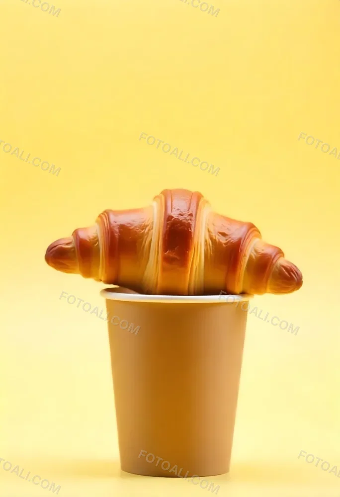 A Croissant On Top Of A Paper Cup Studio Shot Yellow Background Food Photography Product Photography Bright Lighting Minimalist Composition 33 37ab