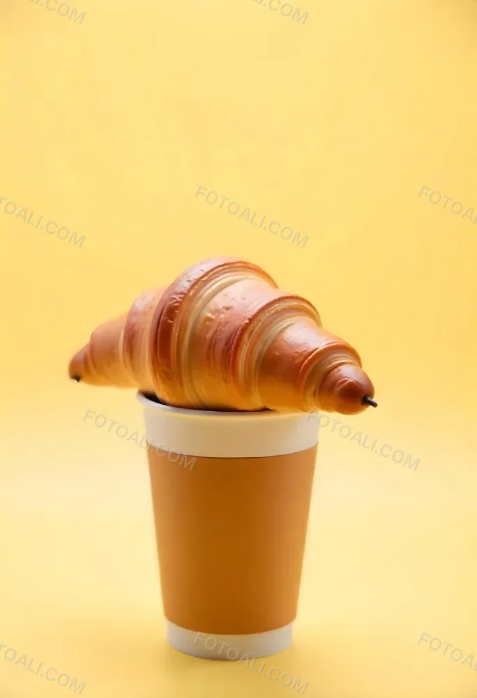 A Croissant On Top Of A Paper Cup Studio Shot Yellow Background Food Photography Product Photography Bright Lighting Minimalist Composition 6 D657