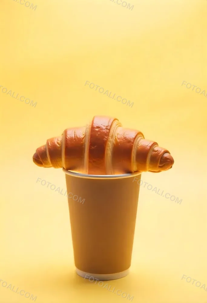 A Croissant On Top Of A Paper Cup Studio Shot Yellow Background Food Photography Product Photography Bright Lighting Minimalist Composition 7 50c5
