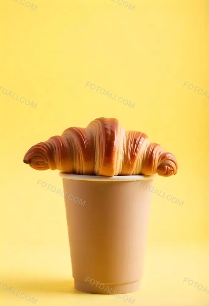 A Croissant On Top Of A Paper Cup Studio Shot Yellow Background Food Photography Product Photography Bright Lighting Minimalist Composition 8 8a0d