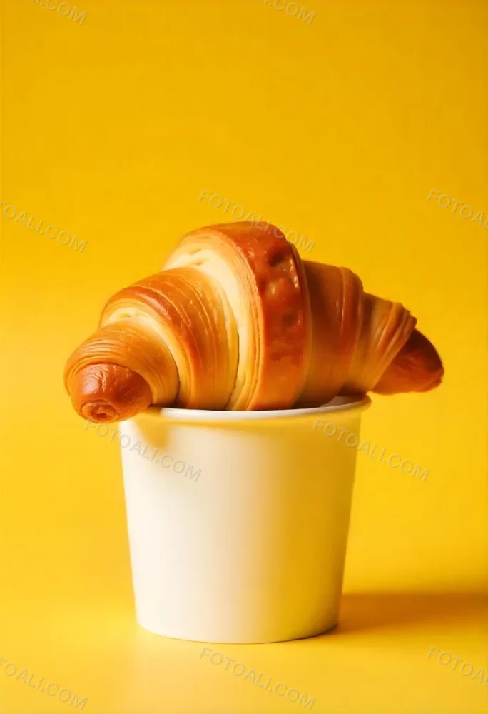 A Croissant On Top Of A Paper Cup Studio Shot Yellow Background Food Photography Product Photography Bright Lighting Minimalist Composition 9 134b