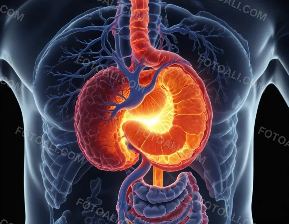 A Cross Section View Of The Human Digestive System Highlighting The Stomach With A Glowing Fiery Appearance Suggesting An Inflamed Or Irritated Stomach Surrounded By A Vibrant Forest During Daylight With Clear Skies 10 8409