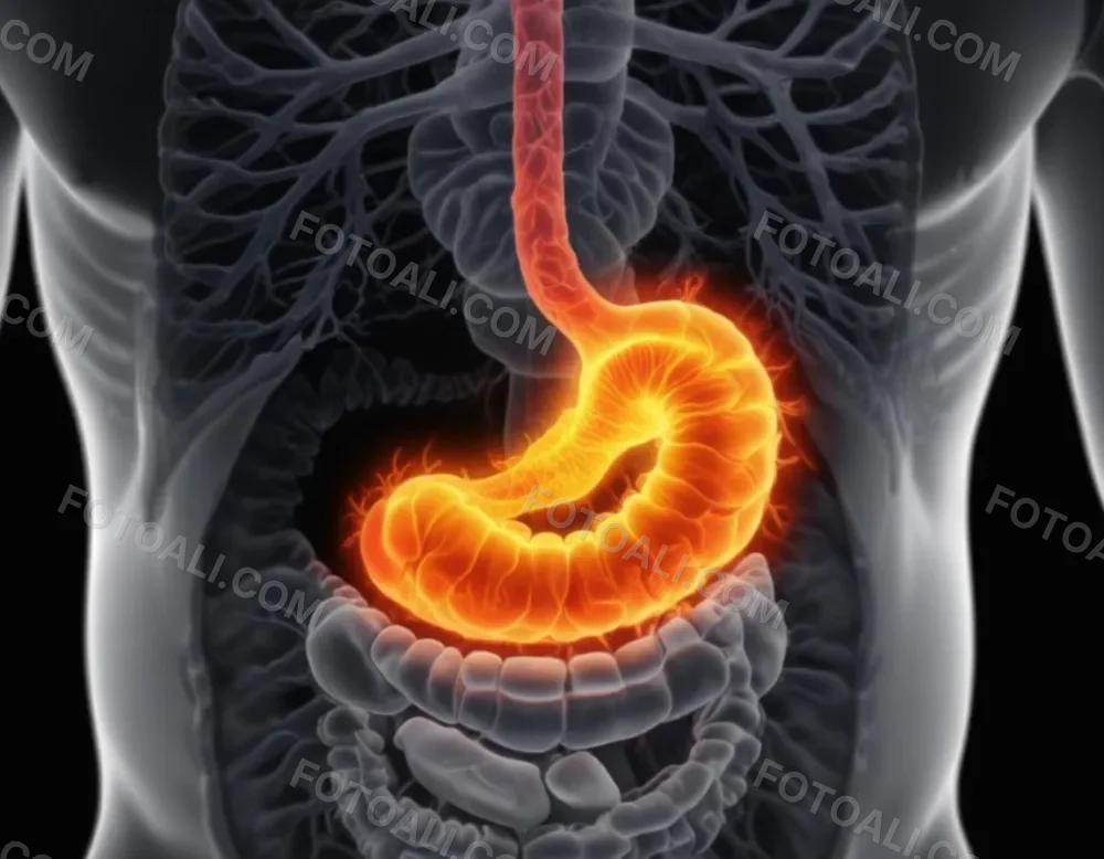 A Cross Section View Of The Human Digestive System Highlighting The Stomach With A Glowing Fiery Appearance Suggesting An Inflamed Or Irritated Stomach Surrounded By A Vibrant Forest During Daylight With Clear Skies 12 16d9