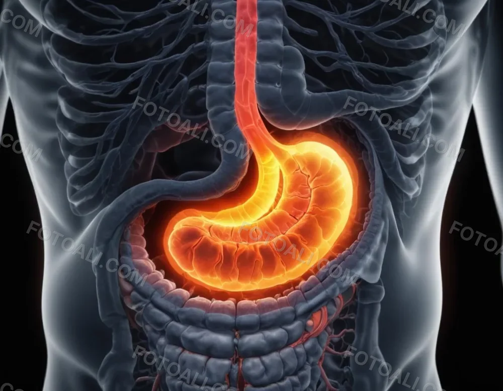 A Cross Section View Of The Human Digestive System Highlighting The Stomach With A Glowing Fiery Appearance Suggesting An Inflamed Or Irritated Stomach Surrounded By A Vibrant Forest During Daylight With Clear Skies 15 2fdd
