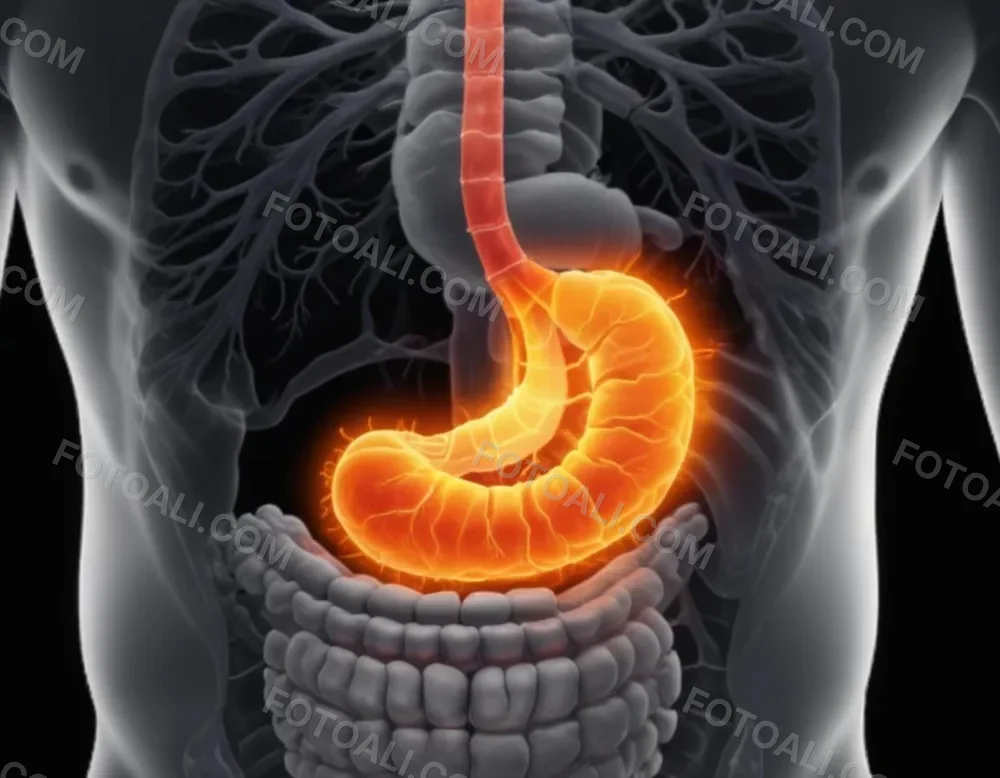 A Cross Section View Of The Human Digestive System Highlighting The Stomach With A Glowing Fiery Appearance Suggesting An Inflamed Or Irritated Stomach Surrounded By A Vibrant Forest During Daylight With Clear Skies 16 743f