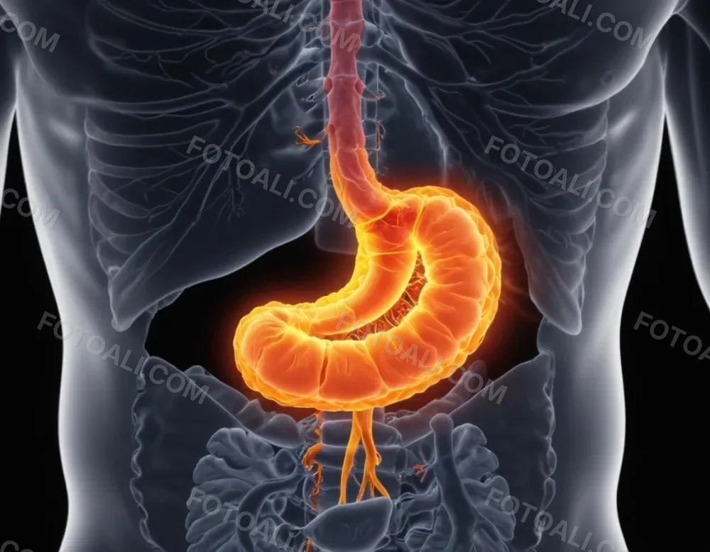 A Cross Section View Of The Human Digestive System Highlighting The Stomach With A Glowing Fiery Appearance Suggesting An Inflamed Or Irritated Stomach Surrounded By A Vibrant Forest During Daylight With Clear Skies 7 Dbec