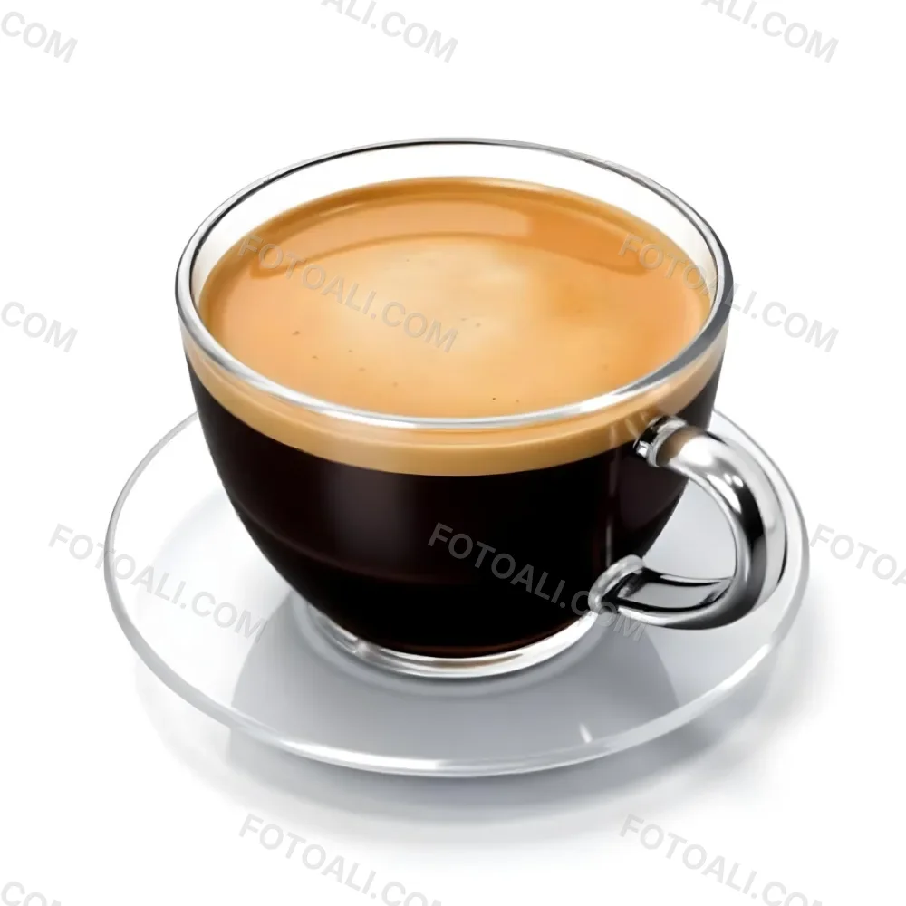 A Cup Of Black Coffee With Foam On A Transparent Saucer The Background Is Plain White 1 D746