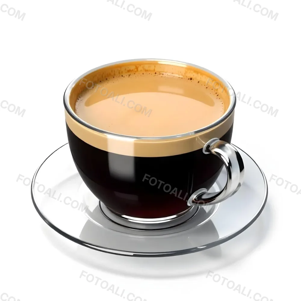 A Cup Of Black Coffee With Foam On A Transparent Saucer The Background Is Plain White 14 F951