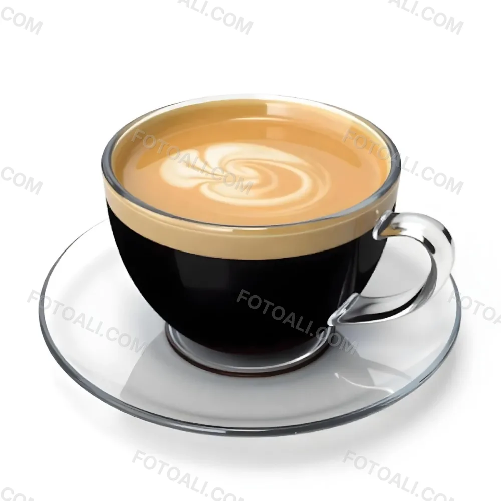 A Cup Of Black Coffee With Foam On A Transparent Saucer The Background Is Plain White 16 6a7f
