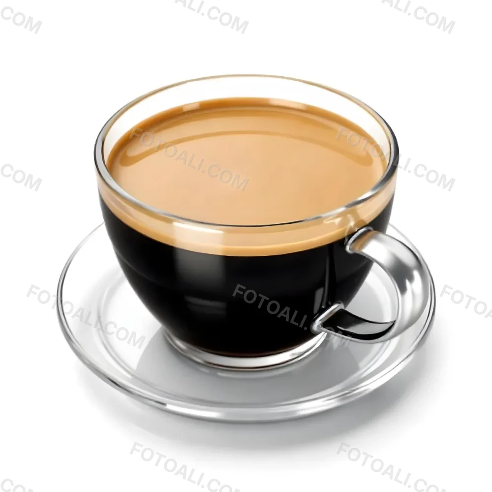 A Cup Of Black Coffee With Foam On A Transparent Saucer The Background Is Plain White 23 09bb