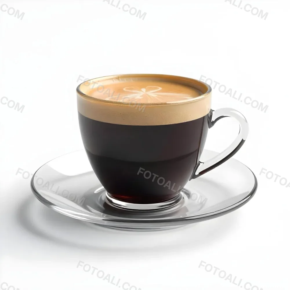 A Cup Of Black Coffee With Foam On A Transparent Saucer The Background Is Plain White 24 94b3