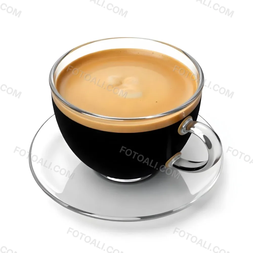 A Cup Of Black Coffee With Foam On A Transparent Saucer The Background Is Plain White 33 Be72