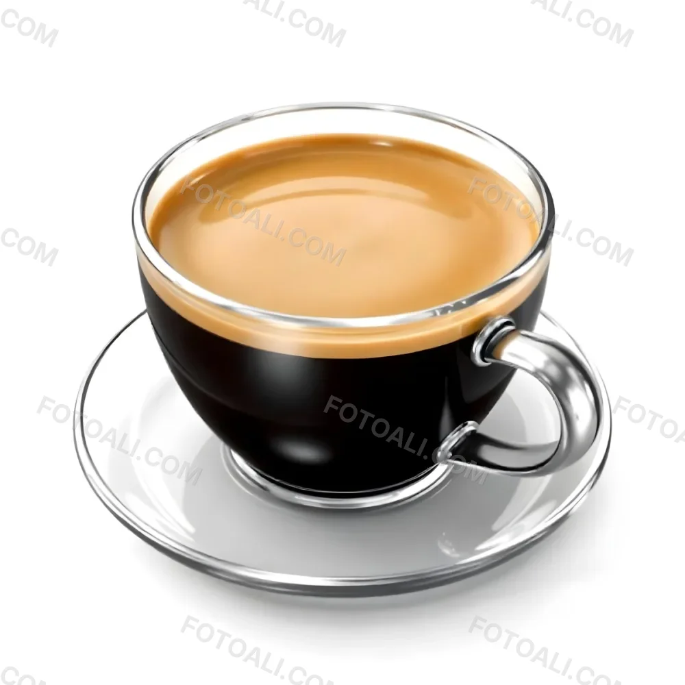 A Cup Of Black Coffee With Foam On A Transparent Saucer The Background Is Plain White 38 Dbfe