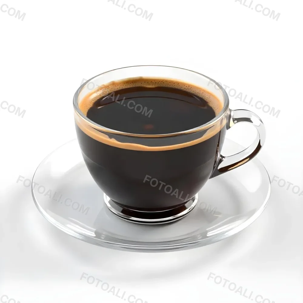 A Cup Of Black Coffee With Foam On A Transparent Saucer The Background Is Plain White 43 74ff