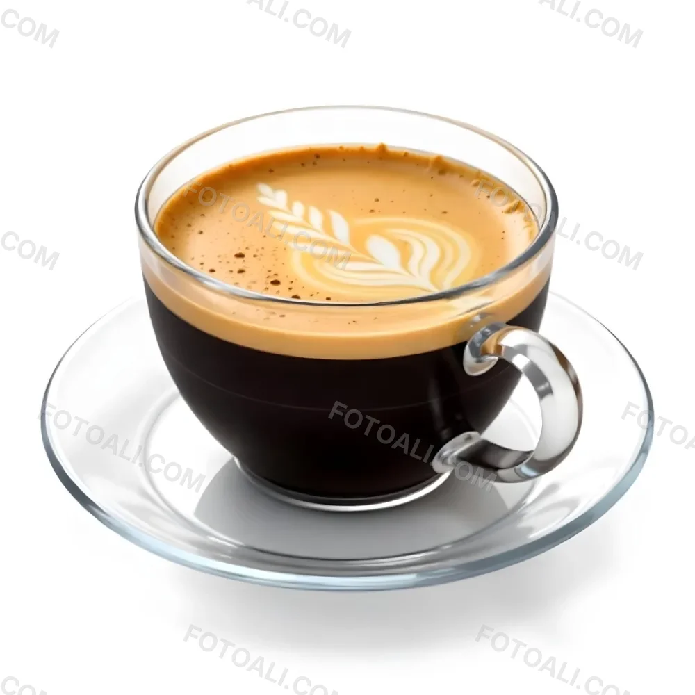 A Cup Of Black Coffee With Foam On A Transparent Saucer The Background Is Plain White 8 1555