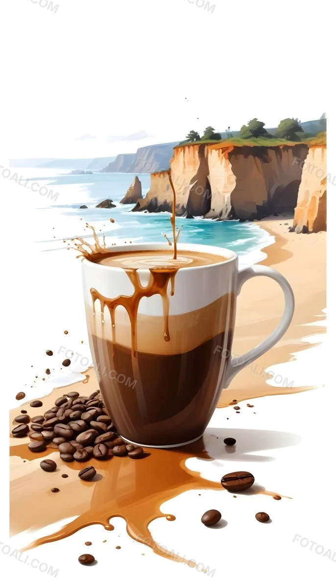 A Cup Of Coffee With Coffee Beans Spilled On A White Surface A Beach With Cliffs In The Background The Coffee Is Splashing Out Of The Cup 1 2324