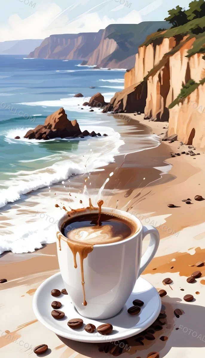 A Cup Of Coffee With Coffee Beans Spilled On A White Surface A Beach With Cliffs In The Background The Coffee Is Splashing Out Of The Cup 13 28dd