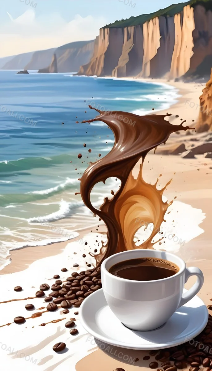 A Cup Of Coffee With Coffee Beans Spilled On A White Surface A Beach With Cliffs In The Background The Coffee Is Splashing Out Of The Cup 14 155e