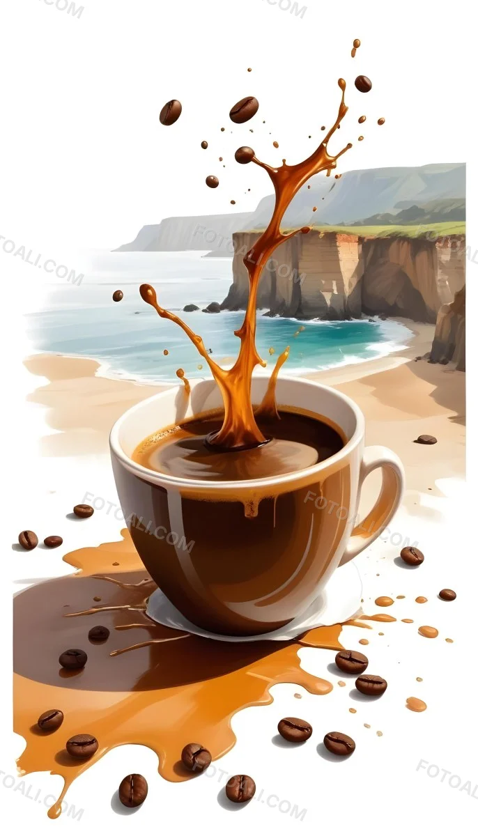 A Cup Of Coffee With Coffee Beans Spilled On A White Surface A Beach With Cliffs In The Background The Coffee Is Splashing Out Of The Cup 15 2b7d