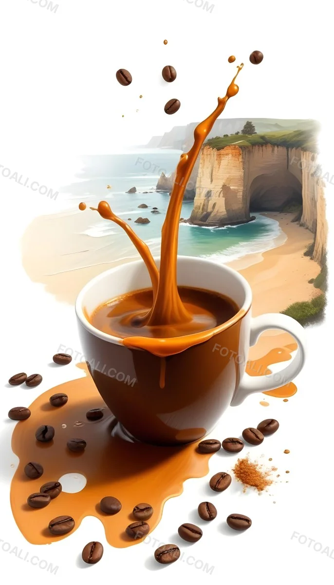 A Cup Of Coffee With Coffee Beans Spilled On A White Surface A Beach With Cliffs In The Background The Coffee Is Splashing Out Of The Cup 18 0111