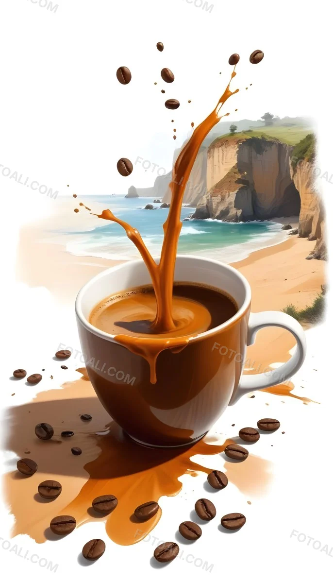 A Cup Of Coffee With Coffee Beans Spilled On A White Surface A Beach With Cliffs In The Background The Coffee Is Splashing Out Of The Cup 19 74fb