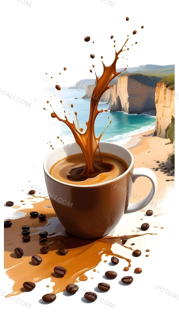 A Cup Of Coffee With Coffee Beans Spilled On A White Surface A Beach With Cliffs In The Background The Coffee Is Splashing Out Of The Cup 24 Cffc