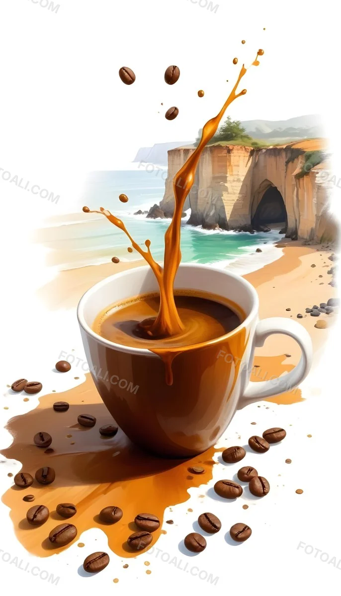 A Cup Of Coffee With Coffee Beans Spilled On A White Surface A Beach With Cliffs In The Background The Coffee Is Splashing Out Of The Cup 26 C5a7