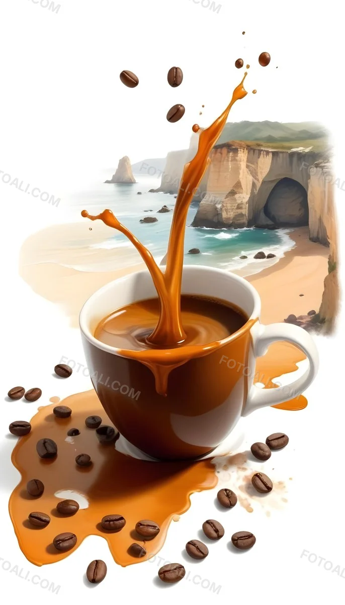 A Cup Of Coffee With Coffee Beans Spilled On A White Surface A Beach With Cliffs In The Background The Coffee Is Splashing Out Of The Cup 27 3a2e