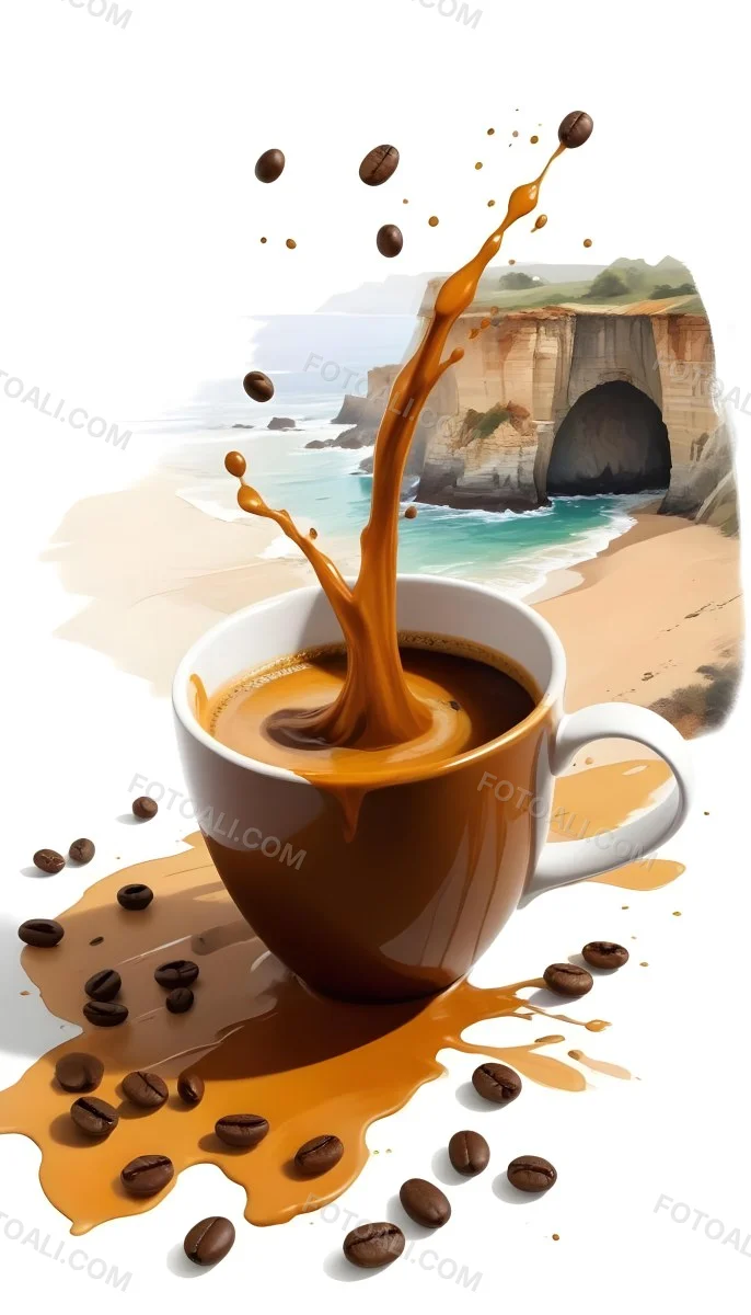 A Cup Of Coffee With Coffee Beans Spilled On A White Surface A Beach With Cliffs In The Background The Coffee Is Splashing Out Of The Cup 28 D000