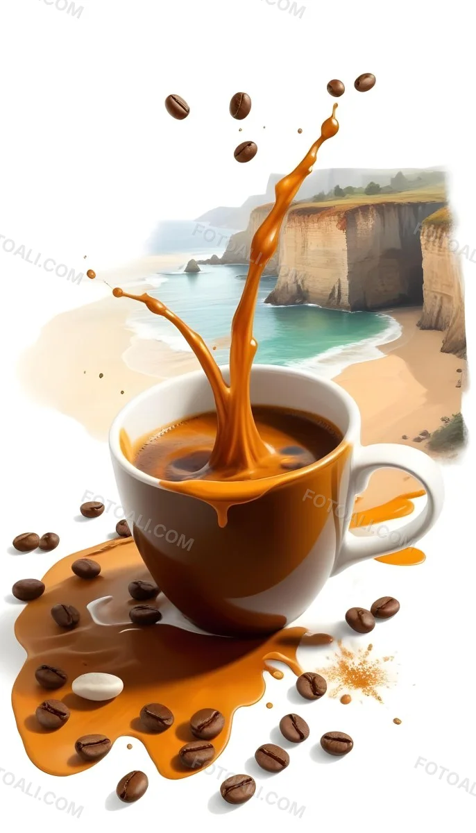 A Cup Of Coffee With Coffee Beans Spilled On A White Surface A Beach With Cliffs In The Background The Coffee Is Splashing Out Of The Cup 30 A397