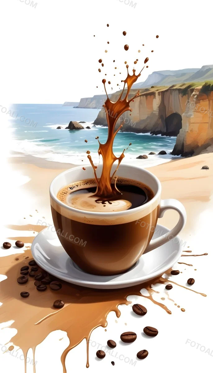 A Cup Of Coffee With Coffee Beans Spilled On A White Surface A Beach With Cliffs In The Background The Coffee Is Splashing Out Of The Cup 4 4edf