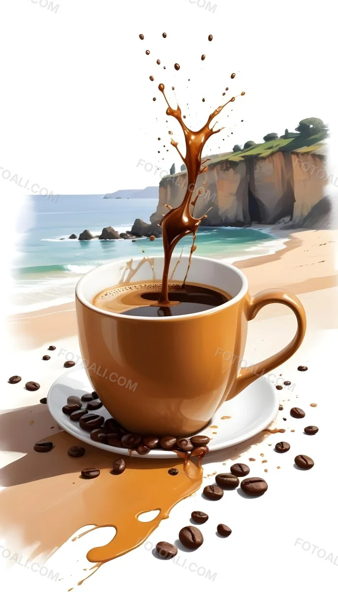 A Cup Of Coffee With Coffee Beans Spilled On A White Surface A Beach With Cliffs In The Background The Coffee Is Splashing Out Of The Cup 5 Eea6