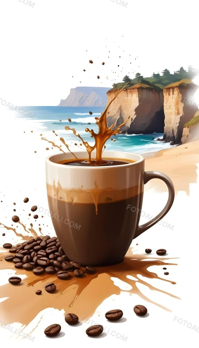 A Cup Of Coffee With Coffee Beans Spilled On A White Surface A Beach With Cliffs In The Background The Coffee Is Splashing Out Of The Cup 9 2724