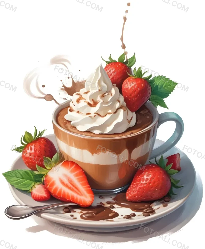 A Cup Of Hot Chocolate Topped With Whipped Cream And Fresh Strawberries Surrounded By More Strawberries And Mint Leaves 3 97f1