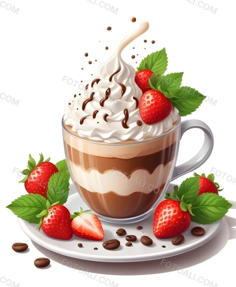 A Cup Of Hot Chocolate Topped With Whipped Cream And Fresh Strawberries Surrounded By More Strawberries And Mint Leaves 50 E628