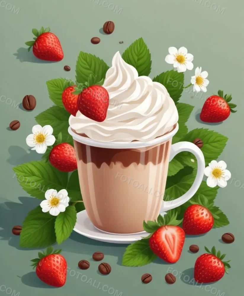 A Cup Of Hot Chocolate Topped With Whipped Cream And Fresh Strawberries Surrounded By More Strawberries And Mint Leaves 51 Fe59