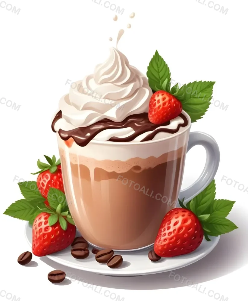 A Cup Of Hot Chocolate Topped With Whipped Cream And Fresh Strawberries Surrounded By More Strawberries And Mint Leaves 53 C298