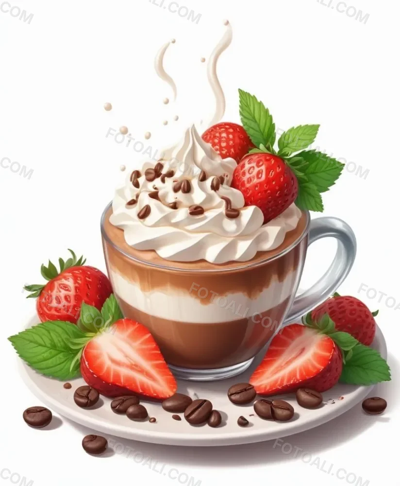 A Cup Of Hot Chocolate Topped With Whipped Cream And Fresh Strawberries Surrounded By More Strawberries And Mint Leaves 56 5e3f
