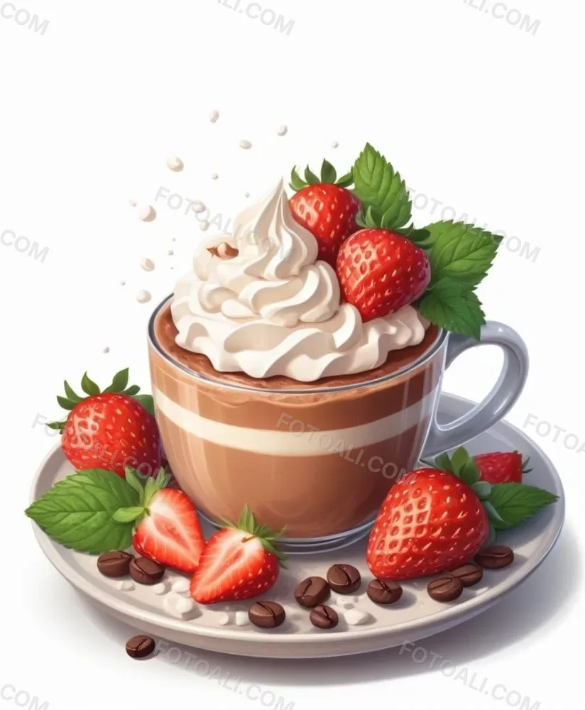 A Cup Of Hot Chocolate Topped With Whipped Cream And Fresh Strawberries Surrounded By More Strawberries And Mint Leaves 65 Fcf1